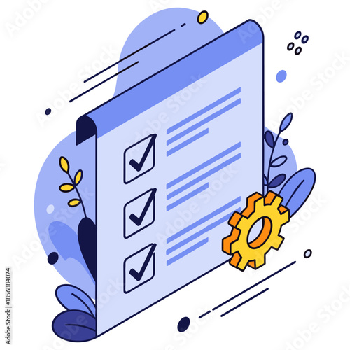 Checklist with checkmarks and gear icon in abstract blue and yellow design