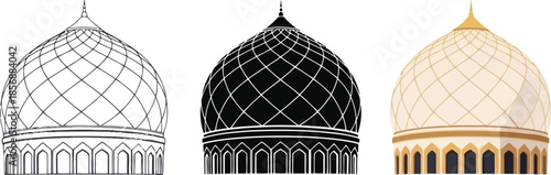 Islamic Mosque Dome in Three styles vector set line art, silhouette and color version For Ramadan, Eid and Islamic design