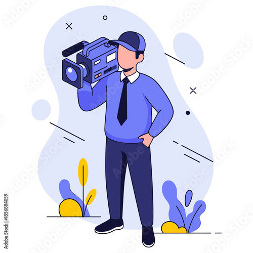 Cartoon male videographer with camera in blue outfit
