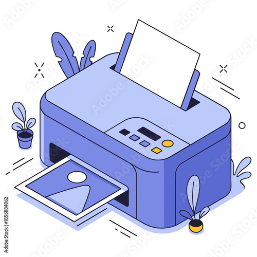 Blue office printer with paper and potted plants