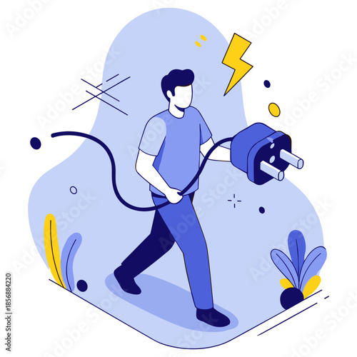 Illustration of a young caucasian male in blue carrying oversized electric plug