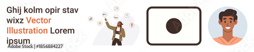 Social media, technology, networking, user profiles, digital identity, communication. A person gesturing with floating icons, a circular design and a portrait. Social media and technology