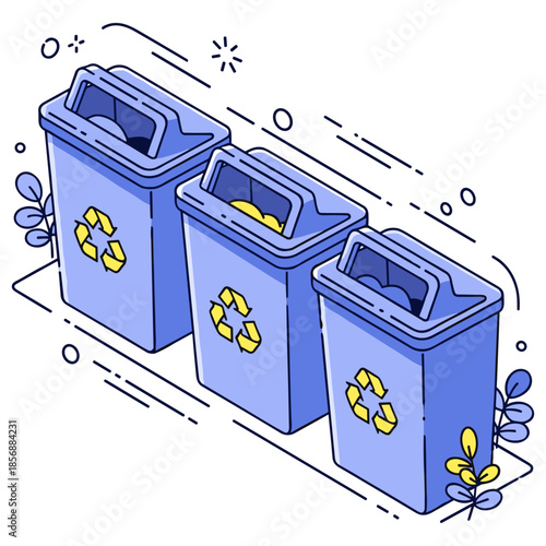 Three blue recycling bins with plant accents and recycle symbols