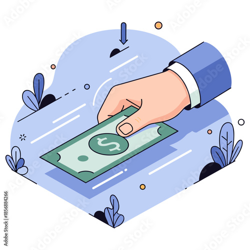 Male caucasian hand holding dollar bill on abstract background with stylized nature elements