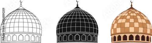 Islamic Mosque Dome in Three styles vector set line art, silhouette and color version For Ramadan, Eid and Islamic design