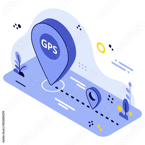 Isometric gps navigation illustration with map and location pins