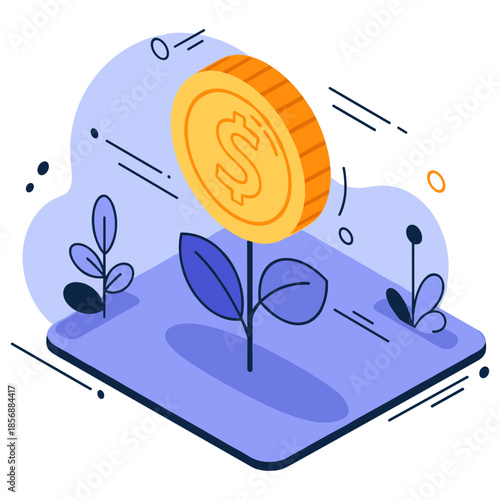 Growing investment: gold coin and plants illustration for financial growth concept