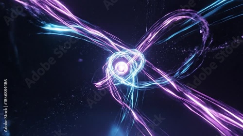 Abstract Energy Fusion: A dynamic composition showcases the convergence of vibrant blue and purple energy streams, forming an intricate, glowing structure against a dark, cosmic background.