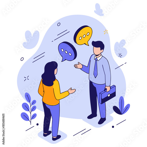 Cartoon illustration of professional conversation between male and female adults