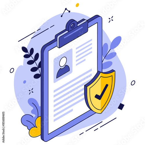 Illustrated clipboard with resume and shield icon for data protection