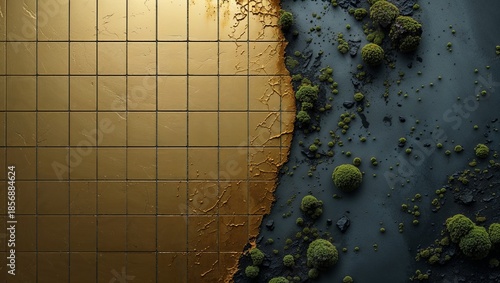 Contrasting Textures: Golden Tiles Meet Mossy Stone in an Abstract, Biomorphic Design