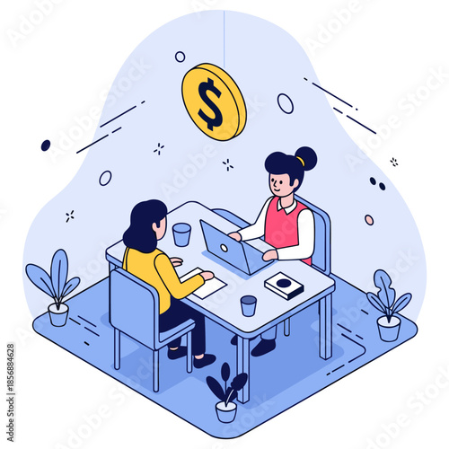 Two women in business meeting discussing finances at office desk
