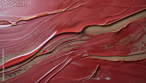 Abstract texture of peeling, cracked red paint, revealing layers of time and decay.