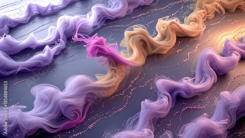 Ethereal waves of colorful flowing smoke over glittery surface, dreamy background