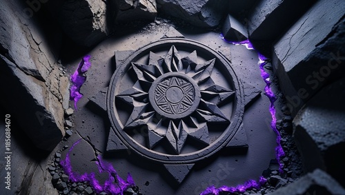 Ancient stone starburst seal surrounded by rocks and purple energy emanating from cracks