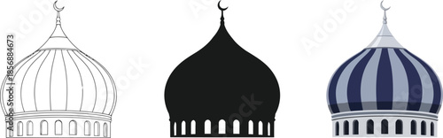 Islamic Mosque Dome in Three styles vector set line art, silhouette and color version For Ramadan, Eid and Islamic design