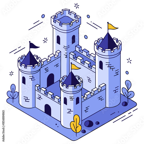 Cartoon medieval castle illustration with towers and flags