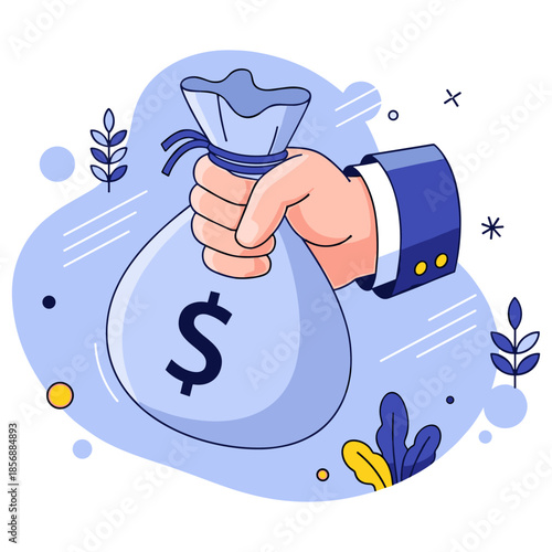 Hand holding money bag with dollar sign and business elements in blue background