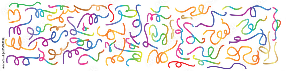 Fototapeta premium Line shape color gradient, abstract wave 3d element, fluid ribbon rainbow color, spiral dynamic kid doodle, colorful neon gradation fun curve isolated on white background. Bright vector illustration 1