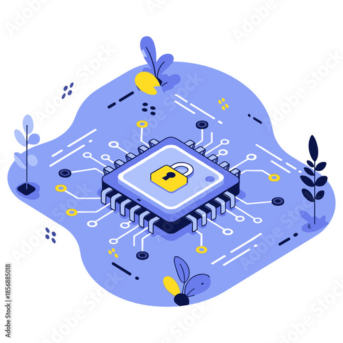 Secure microchip icon illustrating cybersecurity with lock symbol in digital network design