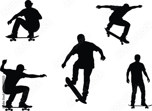 Set of male skateboarder silhouettes performing tricks and jumps, urban extreme sport concept, isolated on white, cad drawing flat vector illustration