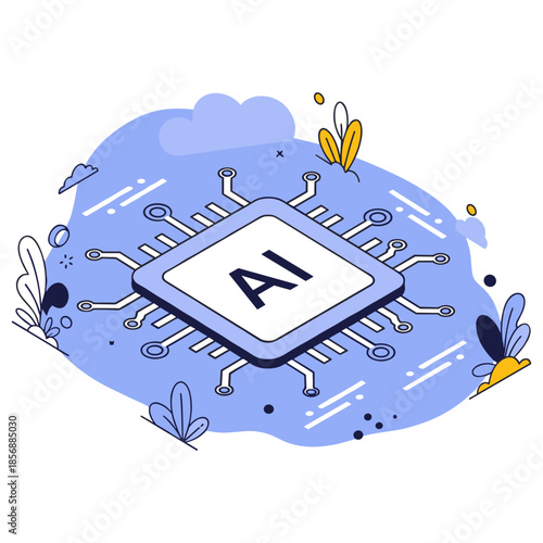 Illustrated ai chip with circuit connections and decorative elements