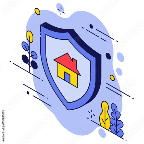 Colorful home protection icon with shield and abstract plants