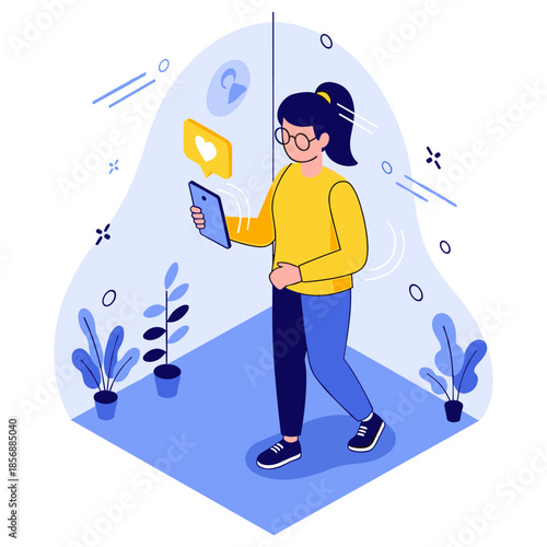 Young asian female engaging with social media on smartphone in modern vector illustration