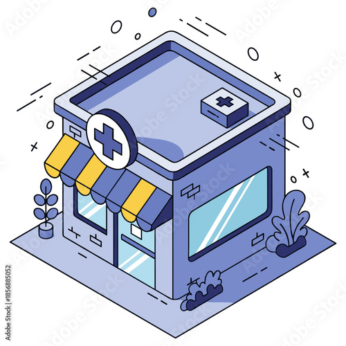 Isometric illustration of a modern pharmacy building with cross symbol