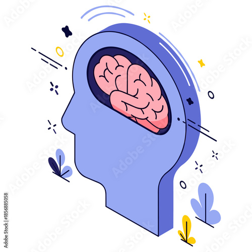 Abstract illustration of human brain in profile with creative elements