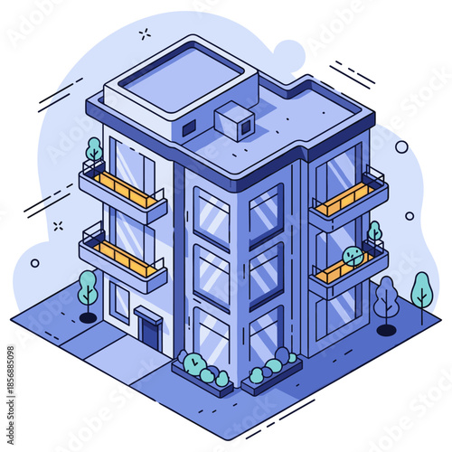 Modern blue apartment building with balconies and trees in minimalistic style