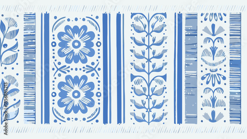 Vibrant blue and white floral pattern with leaves and stripes
