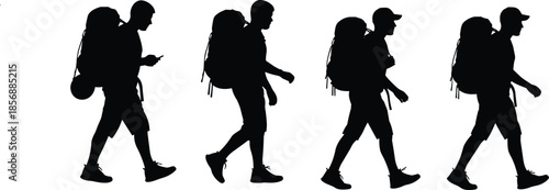 Set of male tourist hiker silhouettes walking with backpacks, side view, black isolated on white, outdoor adventure travel concept, cad drawing flat vector illustration