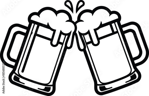 Two beer mugs toasting with foam in a black and white illustration and vector mug