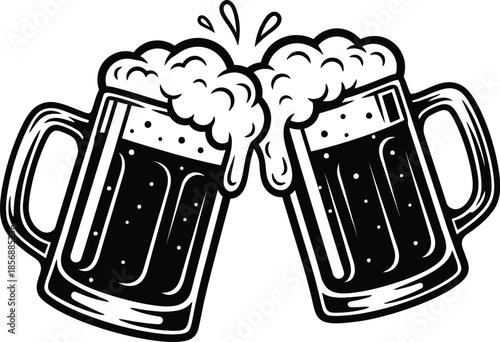 wo Beer Mugs Cheers Silhouette Vector Illustration for Party, Festival, Pub and Bar Decoration