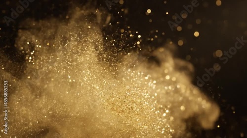 Golden Glitter Explosion: A dynamic cloud of golden glitter erupts against a dark backdrop, with glimmers of light sparkling in the air, capturing a moment of brilliance and celebratory energy.