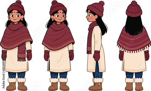 Cute Winter Girl Character Turnaround in Shawl and Knit Cap – Front, Side, Back Views