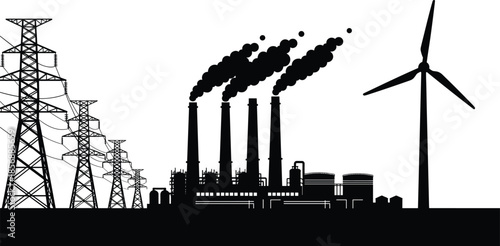 Silhouette of industrial power plant with smoking factory, electric pylons and wind turbine, energy concept, cad drawing flat vector illustration