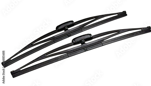 Two dark grey car windshield wiper blades, with angled diagonally on a, isolated on a transp 