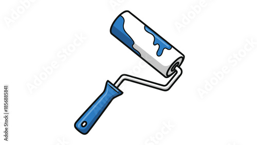 Cartoon Paint Roller with Blue Paint Splash, DIY Home Improvement Tool for House Painting Projects, Isolated on transparent background. Interior Design Icon Vector.
