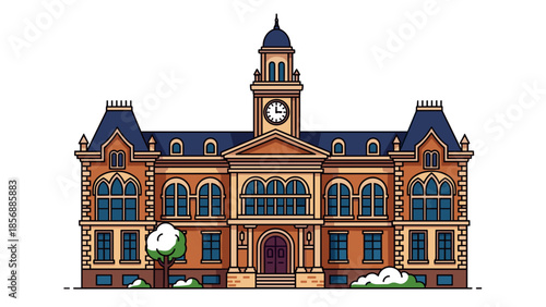 Detailed Vector Illustration of a Historic Courthouse Building with Clock Tower, Isolated on transparent background, Symbolizing Justice and Education, For Architectural Projects.