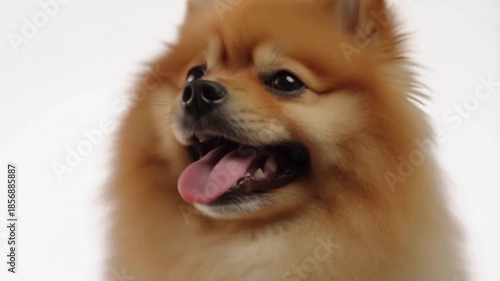 Ultra-Realistic Cinematic Pomeranian Dog Walking, Sitting, and Close-Up on Pure White Studio Background with Fluffy Fur Detail