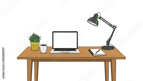 Home Office Desk Setup Cartoon Vector Illustration with Laptop, Lamp, and Coffee Cup - Creative Workspace Design isolated on transparent background.