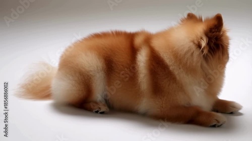 Ultra-Realistic Cinematic Pomeranian Dog Walking, Sitting, and Close-Up on Pure White Studio Background with Fluffy Fur Detail