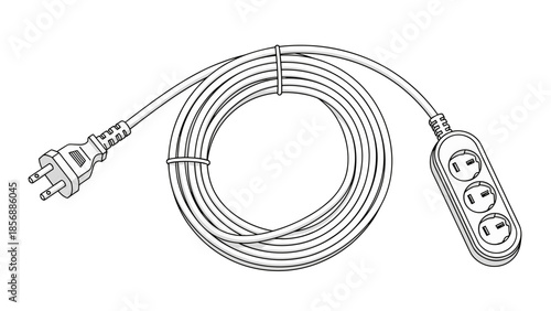 Power Strip Extension Cord, Home Electrical Supply, Outlets and Plug, White Cable, Cartoon Style, Essential Electricity Tool isolated on transparent background.