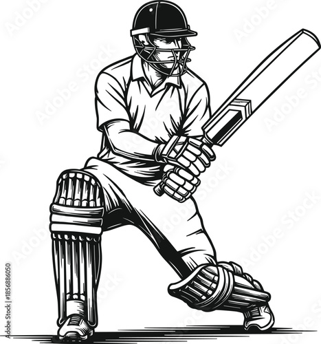 Professional cricket batsman player in batting stance, wearing helmet and pads, sport championship concept, isolated on white background
