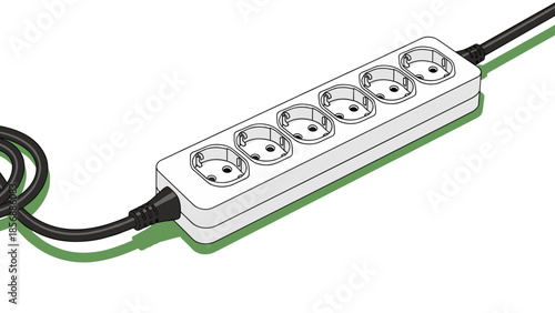 Power Strip Surge Protector Vector Illustration: Essential Home Office Accessory, Electrical Outlet Extension, White, multiple sockets isolated on transparent background.