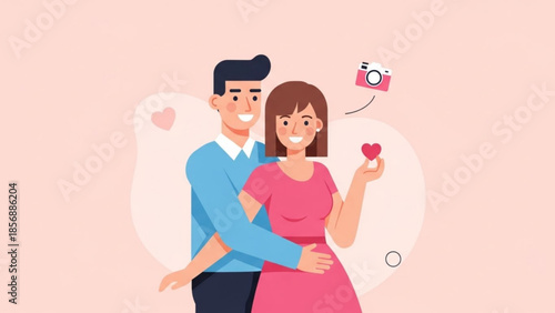 Loving couple embracing with heart symbol and camera on pink background, affectionate relationship concept