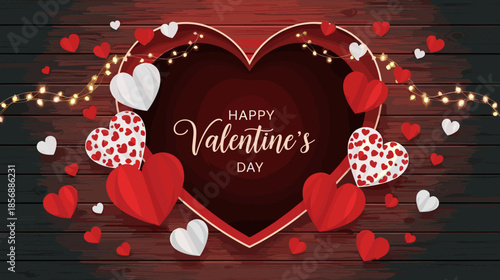 Happy Valentine's Day romantic background with red and white paper hearts and glowing fairy lights on a dark wooden texture.