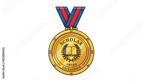 Gold Scholar Award Medal Vector Graphic: Academic Excellence Achievement with Ribbon, Isolated on Transparent Background for Recognition and Graduation Concepts